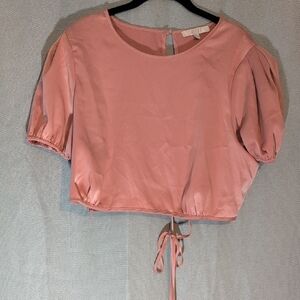 Wayf Pink Puff Sleeve Tie Blouse